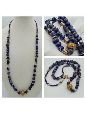 Necklace Blue Glass Beads & Metal Beads Bohemian Handmade Necklace #442